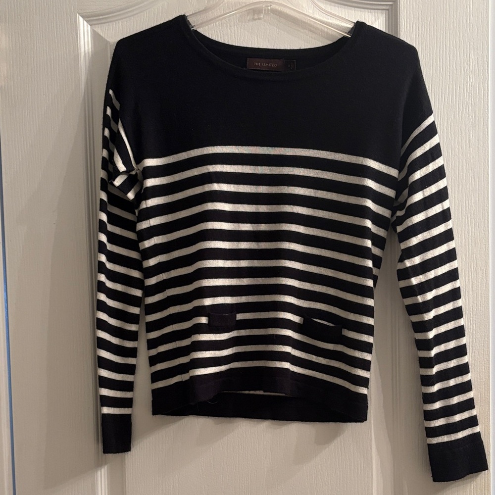 The Limited Black and White Striped Crew Neck Sweater